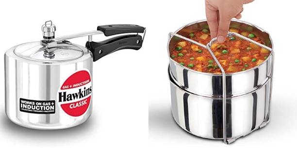 Hawkins CLASSIC IN. ALUMINIUM 3L COOKER WITH SS TWO-DISH SET COMBO 3 L Inner Lid Induction Bottom Pressure Cooker