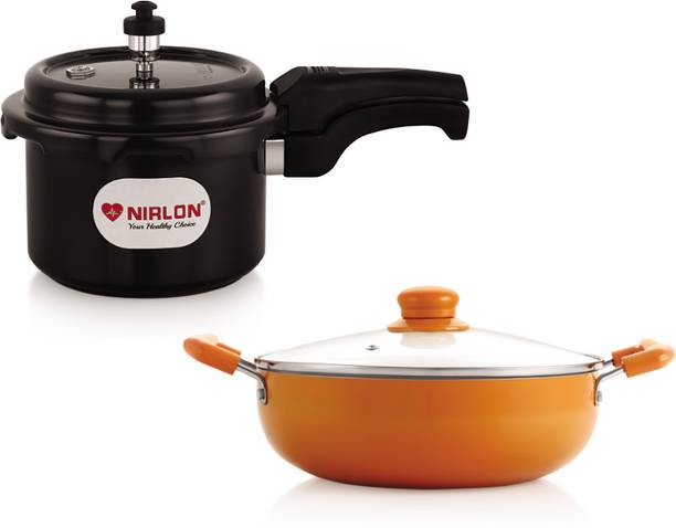 NIRLON Induction Base Hard Anodized Pressure Cooker 3 Ltr and Ceramic Kadhai 22cm 2.25 L, 3 L Outer Lid Induction Bottom Pressure Cooker