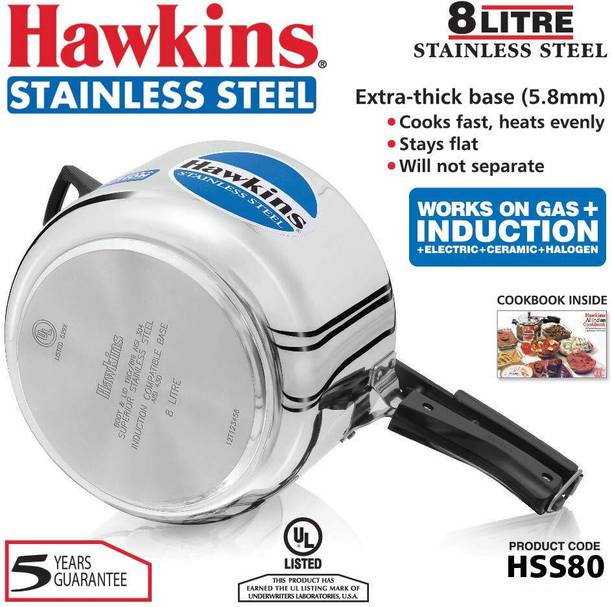 Hawkins Stainless Steel Pressure Cooker 8L(HSS80),Two Gasket(3.5-8L),One Safety Valve, 8 L Inner Lid Induction Bottom Pressure Cooker