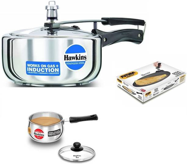 Hawkins SS Wide Pressure Cooker 3L(HSS3W),T-Pan with Lid, NonStick Dosa Tawa 33 cm 3 L, 2 L, 3.3 L Inner Lid Induction Bottom Pressure Cooker