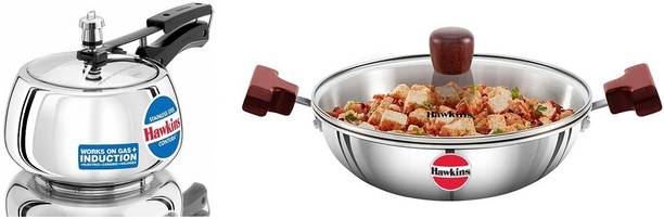 Hawkins SS Contura Pressure Cooker 3L(SSC30),SS Kadhai with Glass Lid 1.5L(SSD15G), 3 L, 1.5 L Inner Lid Induction Bottom Pressure Cooker