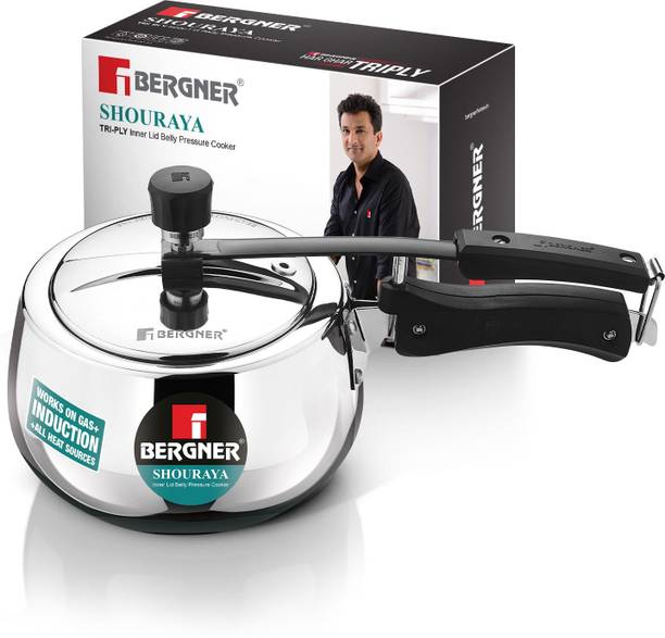 BERGNER Shouraya Triply Stainless Steel Belly Shape Inner Lid Pressure Cooker, Mini 1.5 L Inner Lid Induction Bottom Pressure Cooker