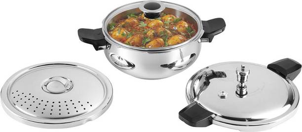 VINOD Magic Pressure Cooker with a pressure cooker lid,straining lid and glass lid 5.5 L Outer Lid Induction Bottom Pressure Cooker