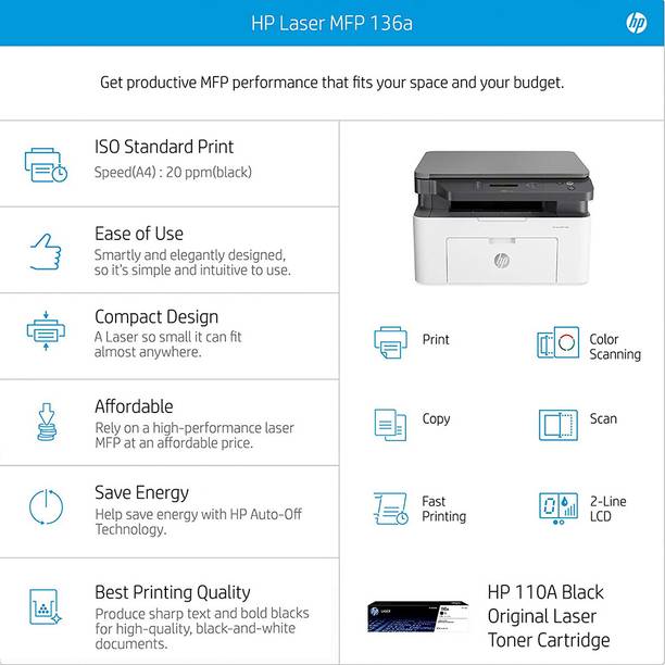 HP MFP 136a Multi-function Monochrome Laser Printer