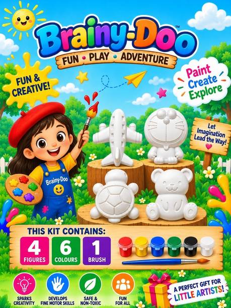 brainy doo Brainy-Doo Paint Your Own Figures DIY Kit, 4 Plaster Toys, 6 Colours and Brush Printing Blocks