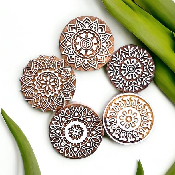 Kraftwala Wooden Round Stamps Traditional Deep Carved Fabric Printing Blocks