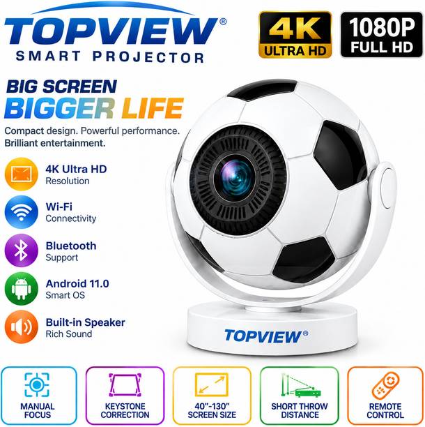 TOPVIEW HY300F Smart Android 14 Projector | Native 720P HD | 4K Support | 5000 Lumens (5000 lm / 1 Speaker / Wireless / Remote Controller) Portable Projector