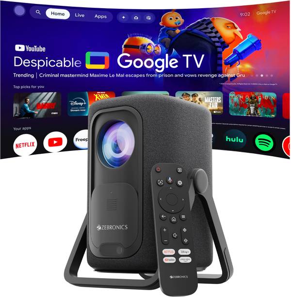 ZEBRONICS Official Google TV Projector (7500 lm / Wireless / Remote Controller) Portable 4K Support, 200 Display, Auto Focus & Keystone, 270 Tilt, Por