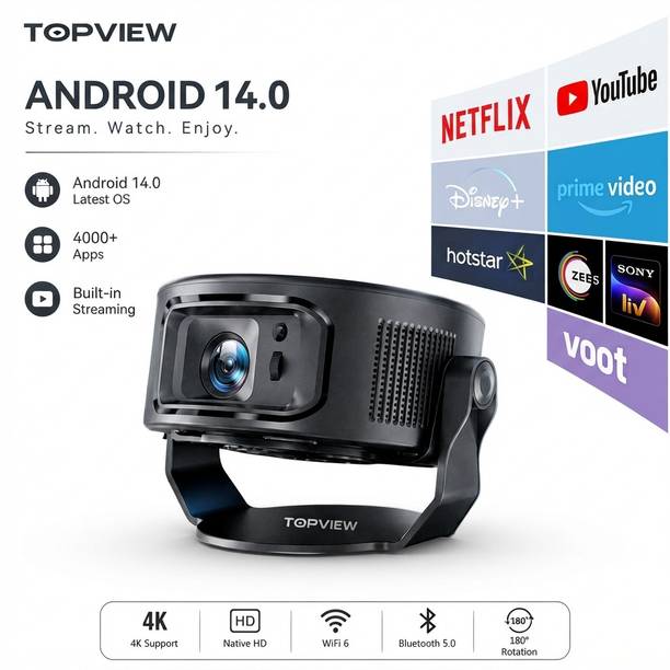 TOPVIEW HY300MAX | Native 720P | 4K Support | Android 14 | WiFi 6 | Smart Projector (6000 lm / 1 Speaker / Wireless / Remote Controller) Portable Projector