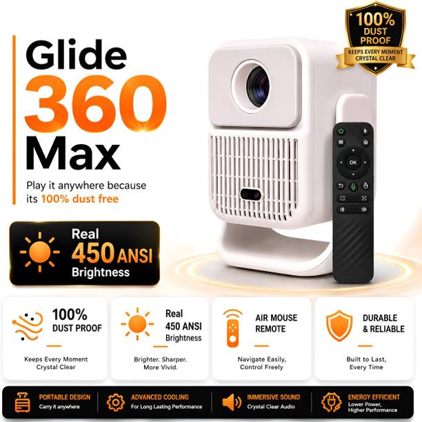 BeamX Glide 360 Max Sealed Engine Real 450 ANSI Voice Assist Air Mouse Remote 1080p (450 lm / 1 Speaker / Wireless / Remote Controller) Portable Projector