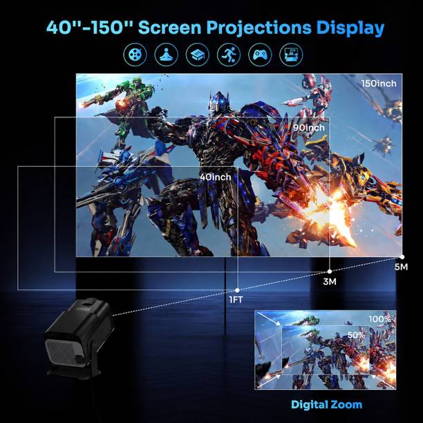 Boss Projector V100 Native 1080P 4K Smart Projector, 800 ANSI Lumens, Android 12, 4K Supported (800 lm / 2 Speaker / Wireless / Remote Controller) Portable Projector