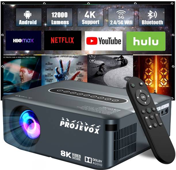 Projevox New Prizma-Vision Android 9.0 Full HD 2/16GB 5G WiFi/BT 5.0 Voic Control Remote (12000 lm / 2 Speaker / Wireless / Remote Controller) Portabl