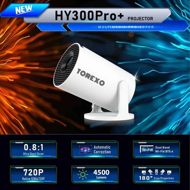 Torexo HY300PRO+ Mini Android Projector | 4K Support | Native 720p | WiFi Miracast (4500 lm / 1 Speaker / Wireless / Remote Controller) Portable Projector
