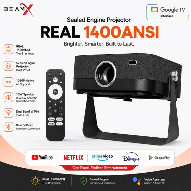 BeamX Flash 2X GTV Interface Real 1400ANSI Sealed Engine 1080P HDR, HDMI ARC Support (1400 lm / 2 Speaker / Wireless / Remote Controller) Portable Projector