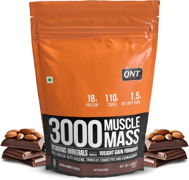 QNT Muscle Mass 3000 | Weight & Muscle Gainer Supplement | 908g | Choco Almond Weight Gainers/Mass Gainers