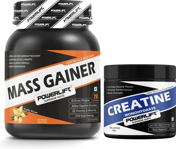 POWERLIFT Mass Gainer 1kg with Creatine Unflavoured 100gm Combo Pack Weight Gainers/Mass Gainers