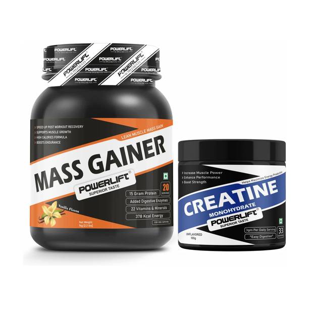 POWERLIFT Mass Gainer 1kg with Creatine Unflavoured 100gm Combo Pack Weight Gainers/Mass Gainers