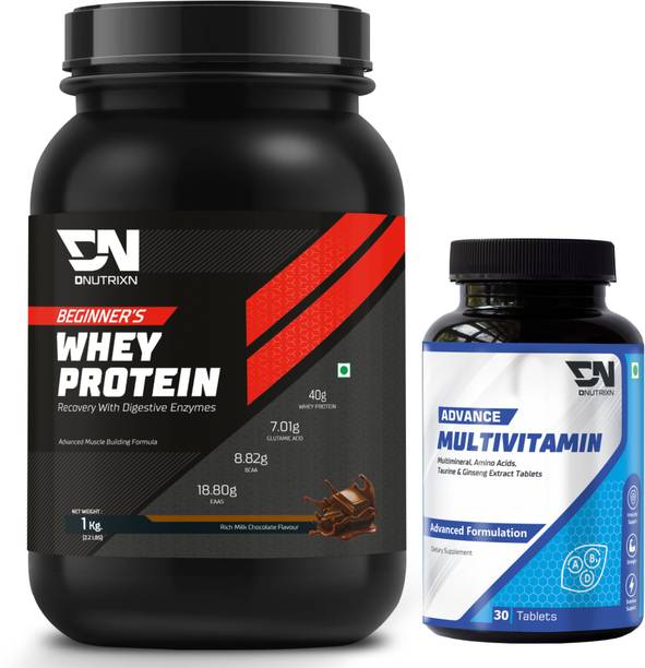 DNUTRIXN Beginner's High Whey Protein 40G & Multivitamin Tablets | Digestive Enzyme, BCAA Whey Protein