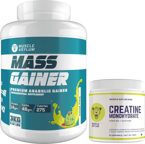 Muscle Asylum Muscle Mass Anabolic Gainer 3KG Kesar Pista & Creatine Powder 250g Unflavoured Weight Gainers/Mass Gainers