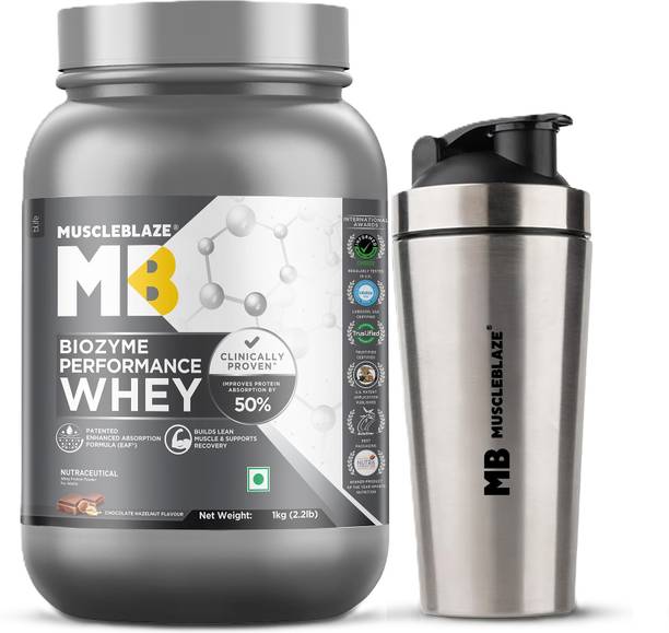 MUSCLEBLAZE Biozyme Performance Whey Protein Powder, 25g Protein & Gym Steel Shaker Whey Protein