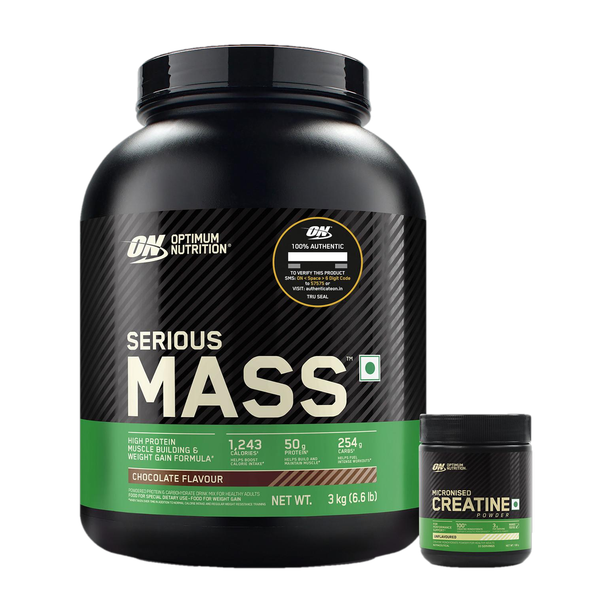 Optimum Nutrition (ON) Serious Mass Weight Gainer 3 Kg + Micronised Creatine 100g unflavored Weight Gainers/Mass Gainers