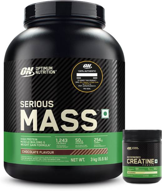 Optimum Nutrition (ON) Serious Mass Weight Gainer 3 Kg + Micronised Creatine 100g unflavored Weight Gainers/Mass Gainers