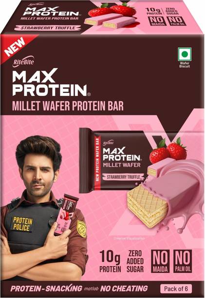 RiteBite Max Protein 10g Millet Wafer Protein Bar, Strawberry Truffle (x6), No Maida, No Palm Oil Protein Bars