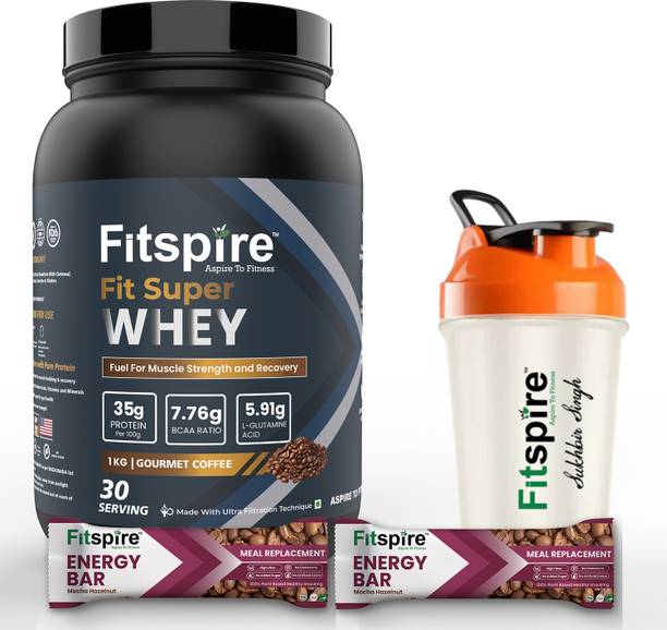 Fitspire Super Fit Whey Protein 1 kg 35 gm Protein Zero sugar Goumet coffee With Shaker Whey Protein