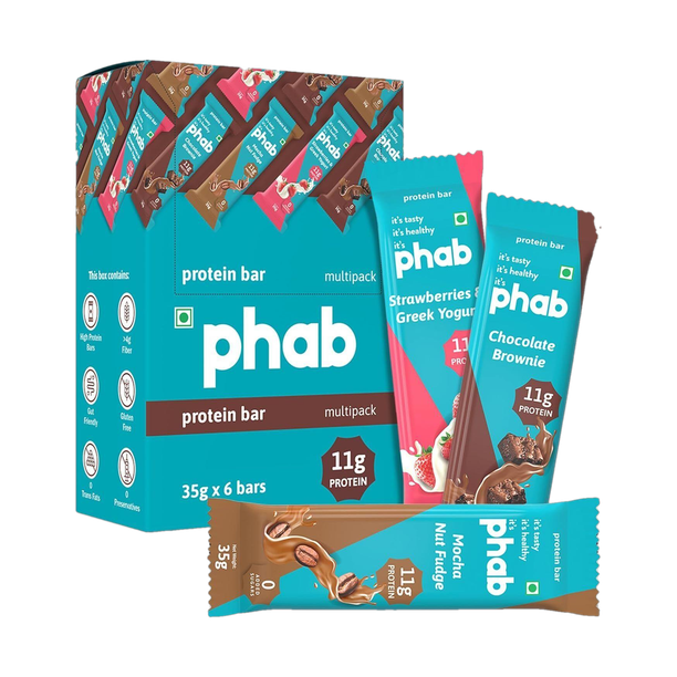 Phab Assorted 11g Protein Bar (Pack of 6), No Added Sugar, GMO Free Protein Bar Protein Bars