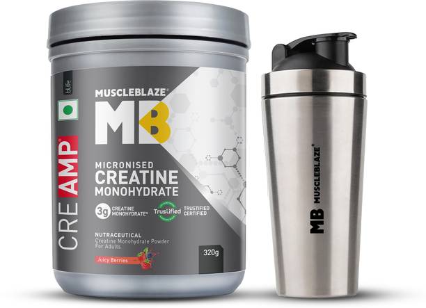 MUSCLEBLAZE Micronised Creatine Monohydrate CreAMP, Trustified Certified & Gym Steel Shaker Creatine