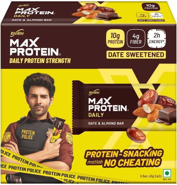 RiteBite Max Protein 10g Protein Bars, Pack of 6 | Naturally Sweetened with Dates | With 4g Fiber Protein Bars