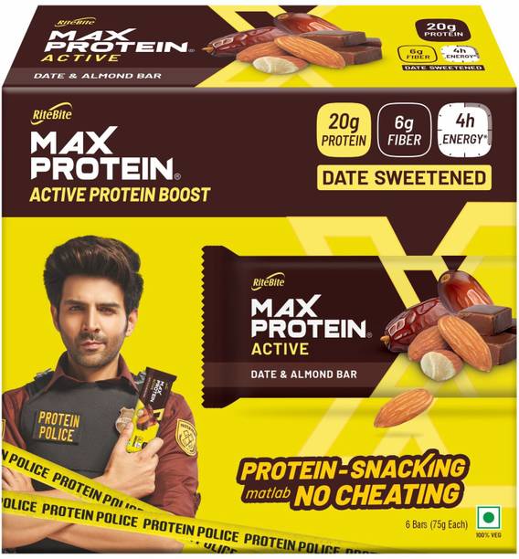 RiteBite Max Protein 20g Protein Bars, Pack of 6 | Naturally Sweetened with Dates | With 6g Fiber Protein Bars