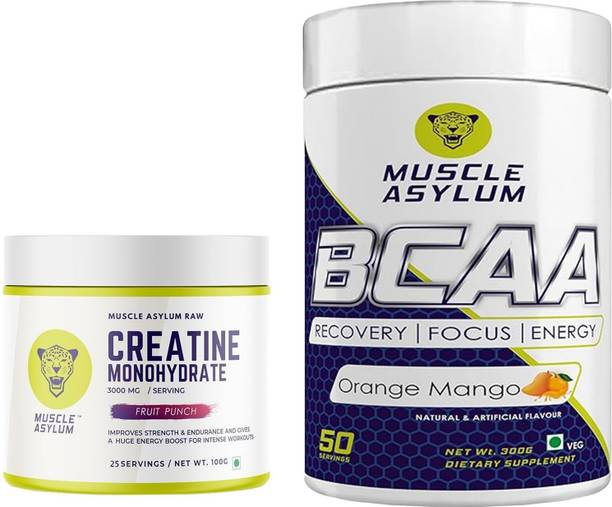 Muscle Asylum Bcaa Powder 300gm Orange Mango & Creatine Monohydrate Powder 100gm Fruit Punch BCAA