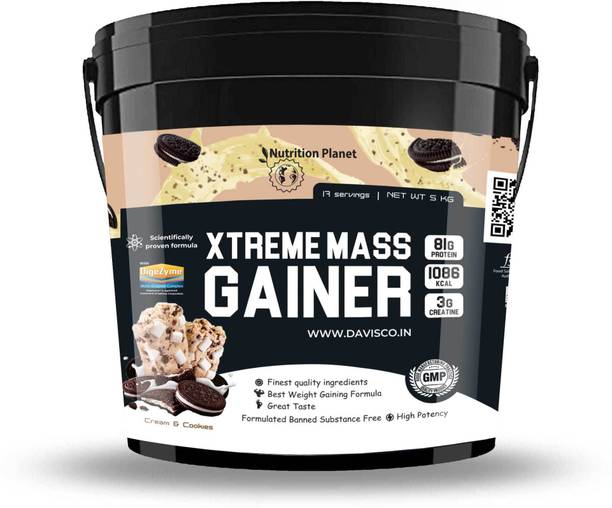 Nutrition Planet Xtreme Mass Gainer With Added DigeZyme (Cookies and Cream - 5Kg, 17 Servings) Weight Gainers/Mass Gainers