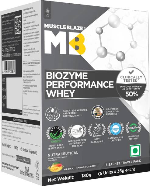MUSCLEBLAZE Biozyme Performance, 5 Sachet Travel Pack (5x36g), 25g Protein Per Scoop Whey Protein