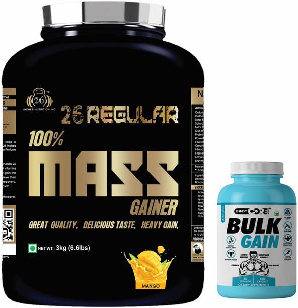 Body Core Science Regular Mass Gainer Black-3 Kg With BCS Bulk Gain-100 Capsules Whey Protein