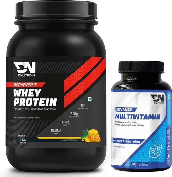 DNUTRIXN Beginner's High Whey Protein 40G & Multivitamin Tablets | Digestive Enzyme, BCAA Whey Protein