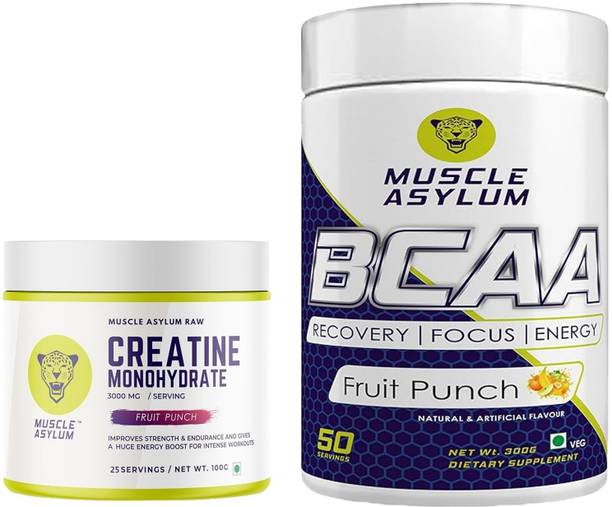 Muscle Asylum Bcaa Powder 300gm Fruit Punch & Creatine Monohydrate Powder 100gm Fruit Punch BCAA