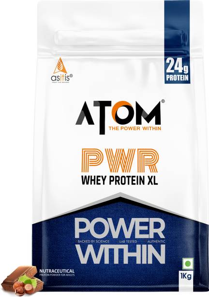 एज़-इट-इज़ न्यूट्रिशन एटम PWR वेय प्रोटीन विथ एंज़ाइम्स, 24g प्रोटीन, 1Kg, चॉको हेज़ल फ्यूज़न वे प्रोटीन