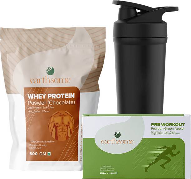earthsome Whey Protein Powder(500g, Chocolate)+Pre-Workout Powder(250g, Green Apple) Combo Whey Protein