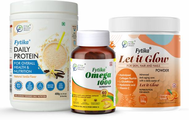 FYTIKA Daily Protein Vanilla-400G + Omega 1000-60 Caps + Let it Glow Orange Splash-200G Protein Blends