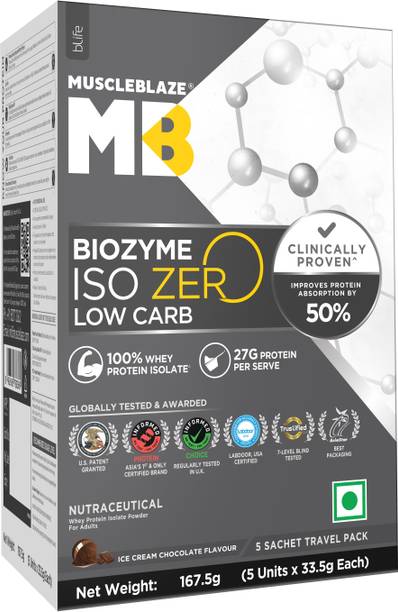 MUSCLEBLAZE Biozyme Iso-Zero,Low Carb Isolate, 5 Sachet Travel Pack (5x33.5g), 27g Per Scoop Whey Protein