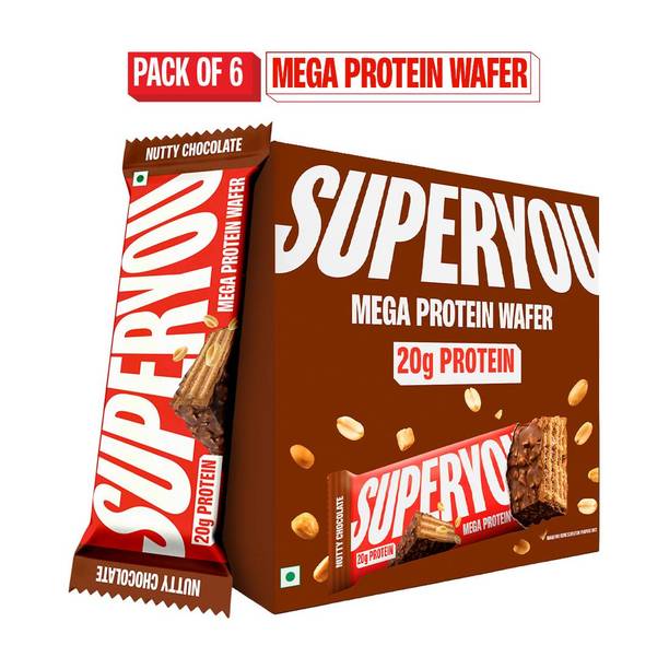 SUPERYOU Nutty Chocolate 20g Mega Protein Wafer Bar, 3g Fiber & 0 Added Sugar-(Pack of 6) Protein Bars