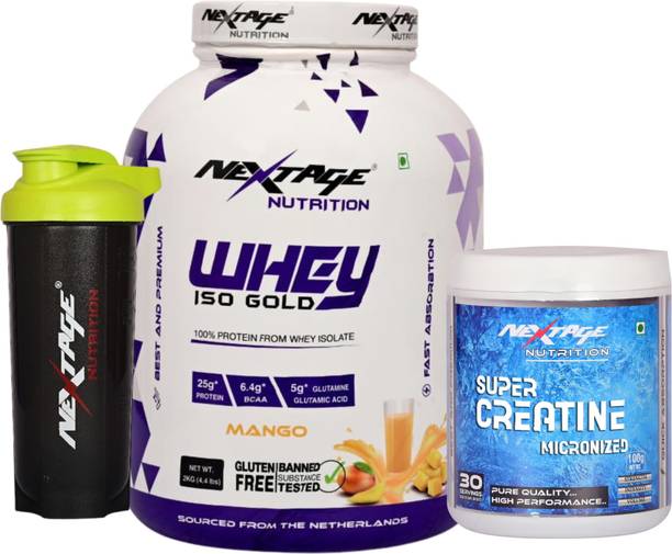 Nextage Whey Iso Gold Protein 2kg, 25g Protein with Creatine Unflavoured 100g & Shaker Whey Protein