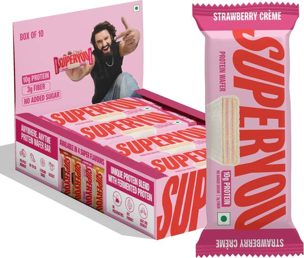 SUPERYOU Strawberry 10g Protein Wafer Bar with 3g Fiber and 0 added sugar - Pack of 10 Protein Bars