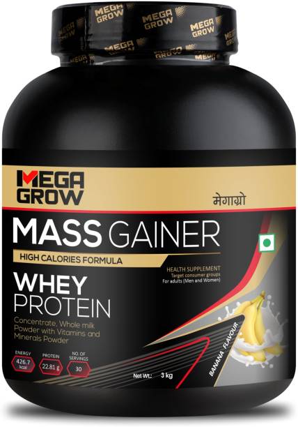 MEGAGROW Mass Gainer Whey Protein Powder, 3kg Banana||22.81g Protein - Total 30 Servings Weight Gainers/Mass Gainers