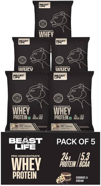 BeastLife 100% Whey Protein Sachets- 5 Sachets | 24g Protein | Easy to Carry Whey Protein