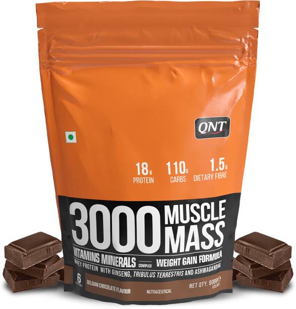 QNT Muscle Mass 3000 | Weight & Muscle Gainer Supplement | 908g | Belgian Chocolate Weight Gainers/Mass Gainers