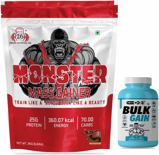 26INCHES NUTRITIONS INC Monster Mass Gainer -3Kg With BCS Bulk Gain 100 Capsules Weight Gainers Weight Gainers/Mass Gainers