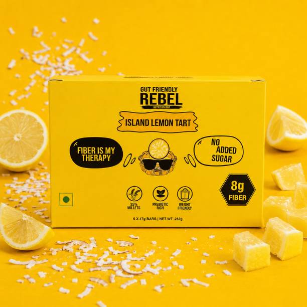Gut Friendly Rebel Island Lemon Tart ( Pack of 6 x 47g ) High Fiber Gut Health Bars Nutrition Bars